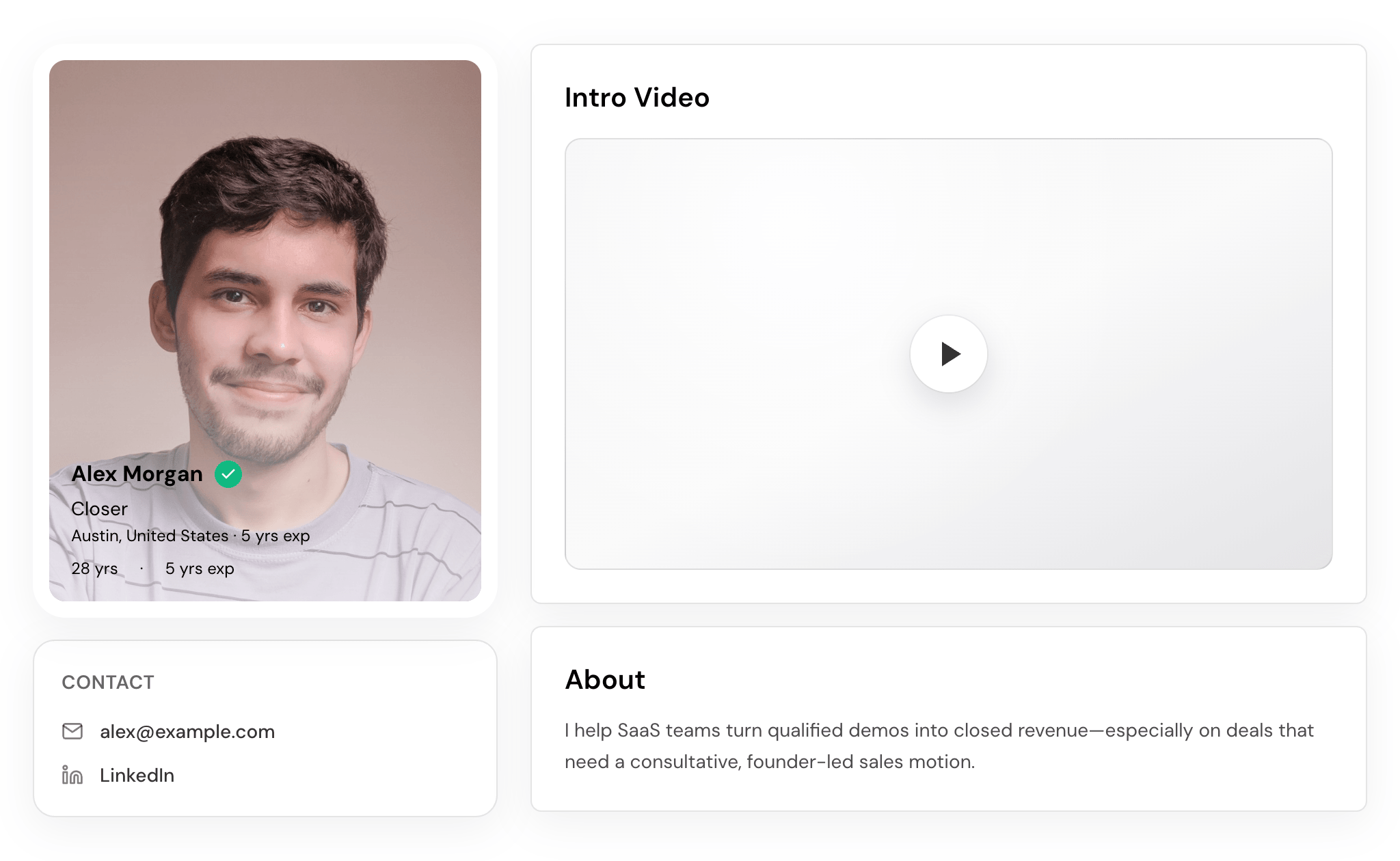 Talent profile on closr — photo, intro video, contact, and experience